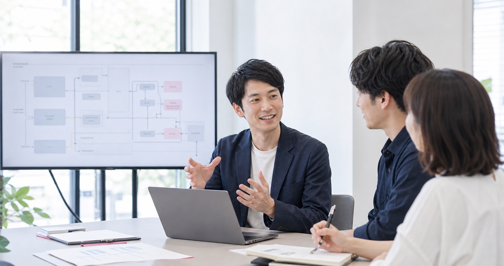 顧客チームとAIシステムの設計について話し合うFDEのイメージ